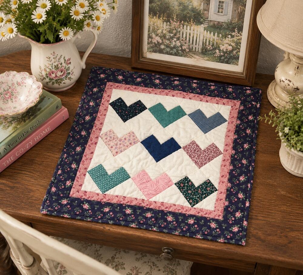 Handmade Quilted Heart Table Topper 18x18 Patchwork Floral Mini Quilt